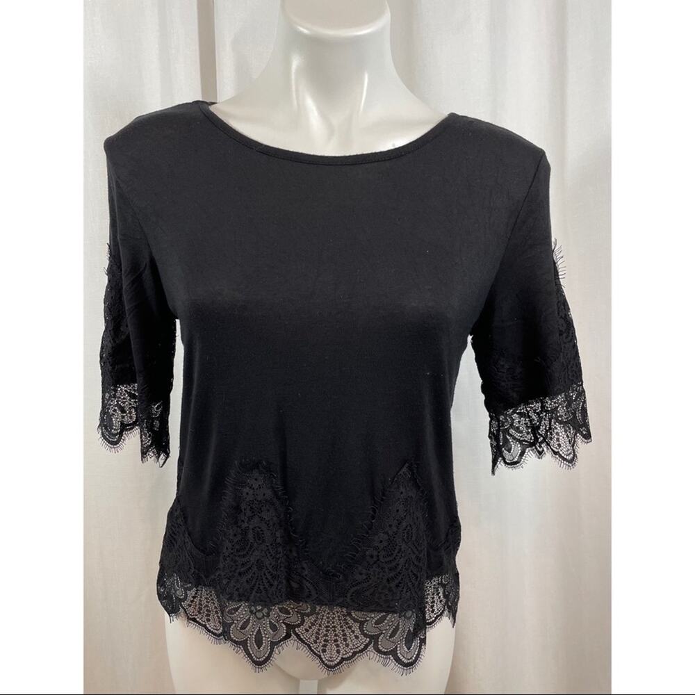 Kontrol Blouse Lace Hems Top Scoop Neck Black